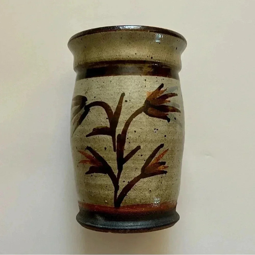 Vintage Handmade Stoneware Pottery Vase Natural Earth tones Boho